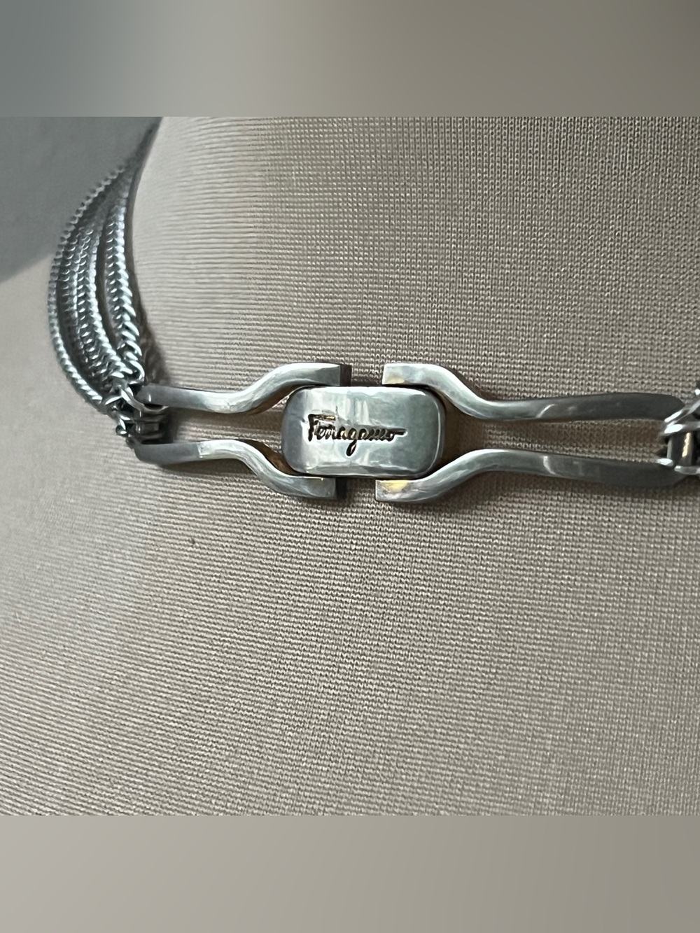 Ferragamo Vintage Hardware Necklace Silver Double Cuban Choker 14.5-15β - Picture 3 of 6